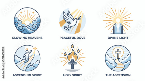 The holy spirit descends with divine light on the ascending spirit surrounded by glowing heavens.