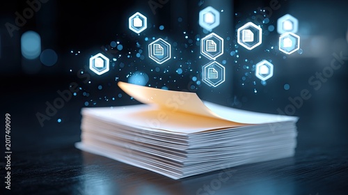 Stack of papers with digital documents floating above