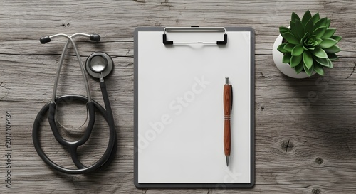 Stethoscope and clipboard on weathered wooden desk with succulent plant