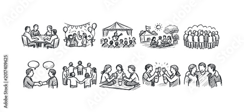 Collection of hand-drawn icons depicting various social gatherings and community events