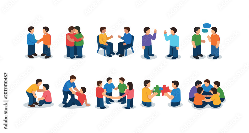 Fototapeta premium Diverse group of people interacting in various collaborative and supportive ways