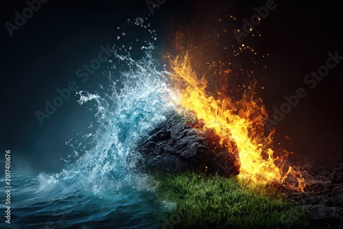 Fiery flames engulf one side of a rock, while water crashes on the other