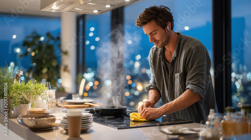 Young man cooking in modern kitchen while cleaning counter at night  
