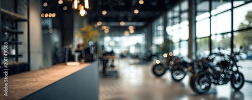 Modern Motorcycle Dealership Showroom with Displayed Bikes and Reception Desk.