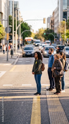 Diverse group of people waiting at a pedestrian crossing in a busy city street during sunset