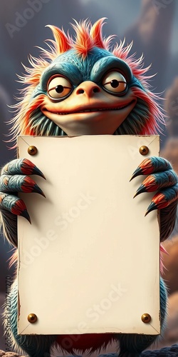 Whimsical creature grasping empty placard with claws, imagination, curiosity