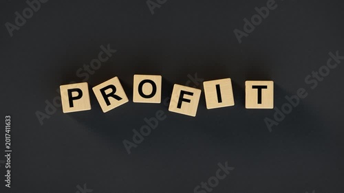 Profit Word Spelled with Wooden Letter Blocks, arranged with a slight dynamic tilt against a minimalist dark gray or black background. Clean concep of financial success. 3D render animation