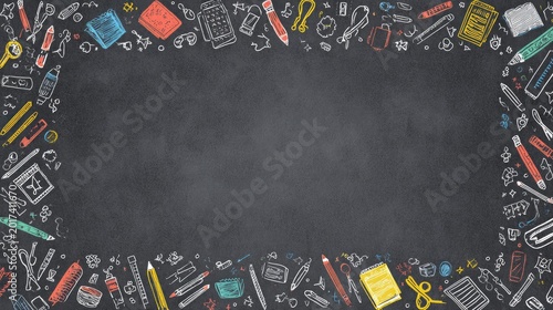 Chalkboard border with colorful sketched school supplies on a dark gray background