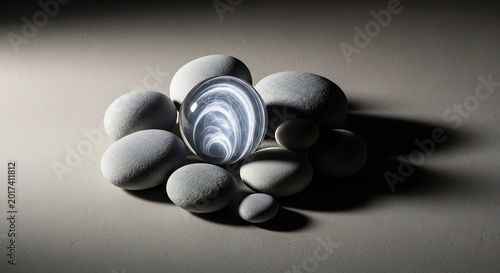 A Clear Glass Sphere Reflecting Swirling Light Amidst Smooth Gray Stones.