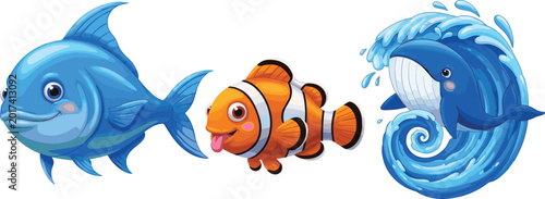 Bild auf Leinwand Cartoon marine animals vector illustration set with blue fish clownfish and whal