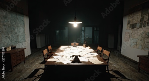 Dimly lit room with a long table covered in papers, a vintage phone, and maps