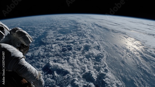 Astronaut's gloved hand reaches out over Earth's cloud-covered surface, sun glinting