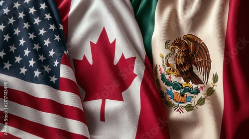 Close up of waving national flags of the United States, Canada, and Mexico.