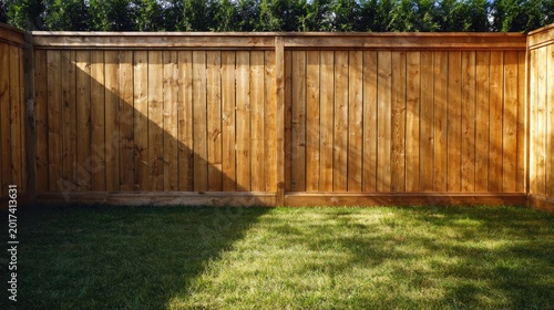 A shadow-draped wooden fence encloses a sunlit green lawn under trees