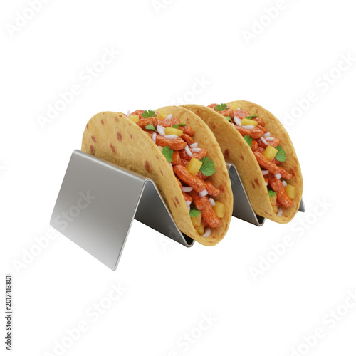 Two tacos with vibrant, colorful fillings of red salsa, green bell peppers, and white onions, set on sleek, modern metal stands, Isolated on transparent background