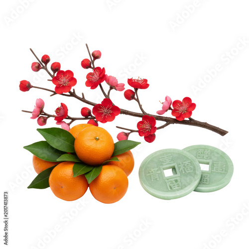 vibrant orange tangerines, green leaves, red blossoms, and two green ceramic coins with Chinese characters, isolated on a transparent background