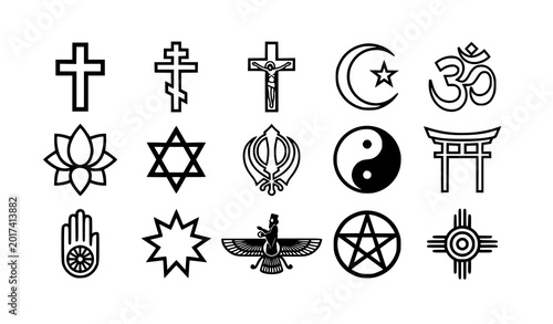 Bild auf Leinwand Black vector icons of 15 world religions symbols isolated on white background