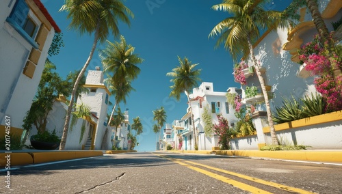 Tropical Street Scene with Palm Trees and White Buildings.