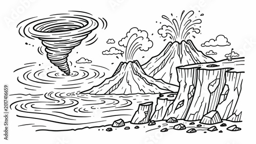 Tornado over water and volcanic eruption.