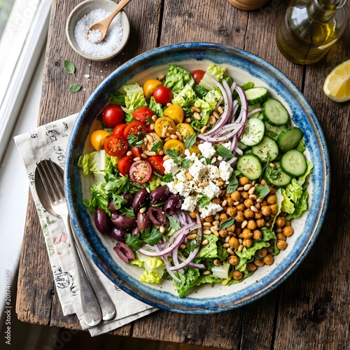 A gourmet bowl of fresh green salad features a delicious mix of vegetables, red tomato, and pepper served as a healthy meal with optional cheese or meat for a perfect dinner dish
