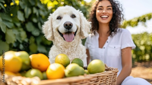 Happy woman and dog with basket of fresh fruits in vineyard setting