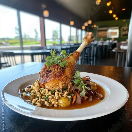 Roasted Chicken Leg with Veggies and Grains in a Modern Eatery