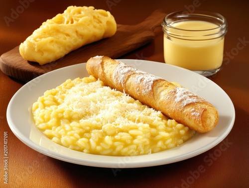 Delicious Creamy Risotto with Cheese and Crispy Bread Roll Delight