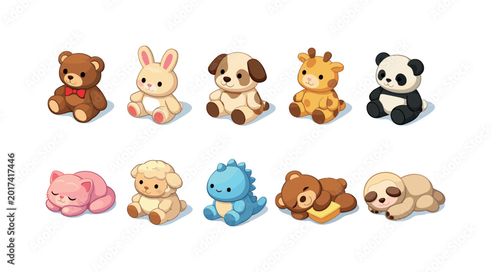 Fototapeta premium Collection of cute cartoon stuffed animal toys for children's room decor