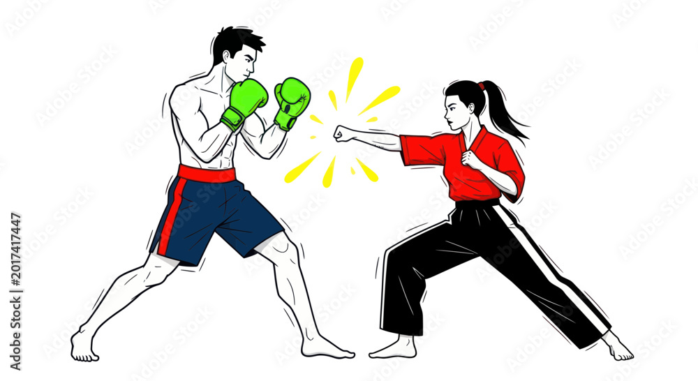 Fototapeta premium Martial Arts Training: Man and Woman Sparring with Boxing Gloves and Punch