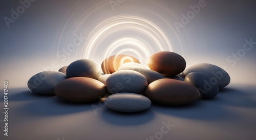 Pile of Smooth Stones Illuminated by Soft Golden Light.