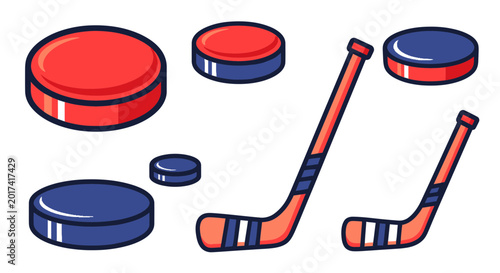 Canvas Print Ice Hockey Puck and Stick Collection, Sports Equipment Vector Illustration