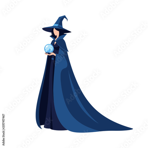 Quadro su tela Mysterious Witch Holding Crystal Ball, Dark Blue Cloak and Hat, Fantasy Characte