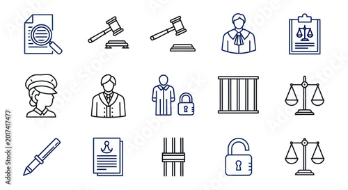 Schilderij op canvas Law and Justice Icons Set: Gavel, Scales, Judge, Lawyer, Courtroom, Prison