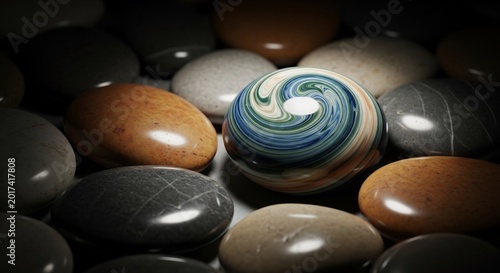 Close up of smooth polished stones with a swirling colorful orb in the center.