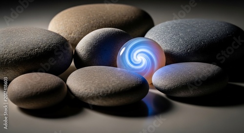 Mystical Glowing Orb Surrounded by Smooth River Stones.