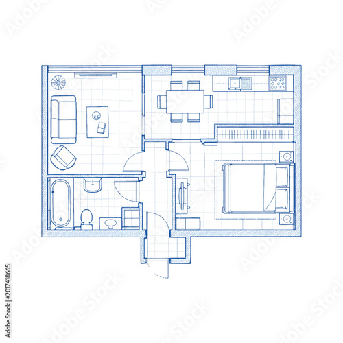 Modern apartment floor plan blueprint with furniture layout top view vector illustration