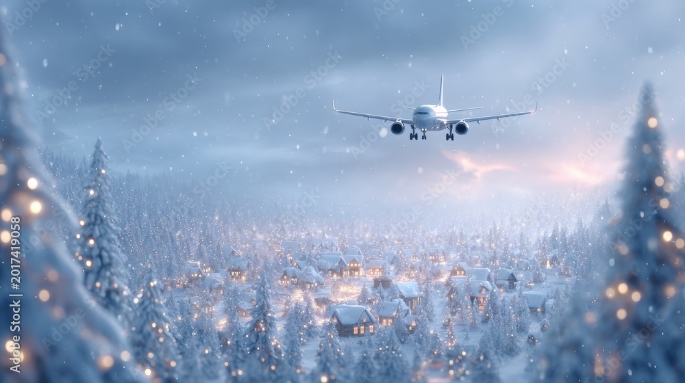 Fototapeta premium Passenger jet approaching snowy mountain village at dusk with falling snow and glowing cabin lights
