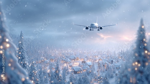Passenger jet approaching snowy mountain village at dusk with falling snow and glowing cabin lights