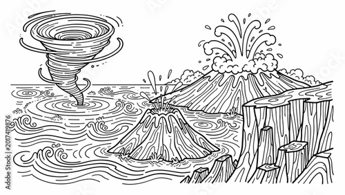 Tornado over Volcano Ocean Water.