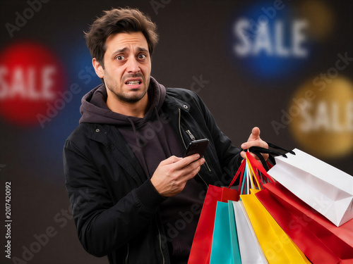 Stressed man struggling with Black Friday shopping bags