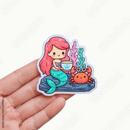 Cute cartoon mermaid with red hair sipping tea on rock