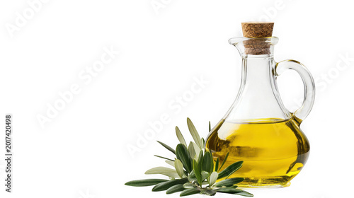 Olive oil dispenser with leaves on white background