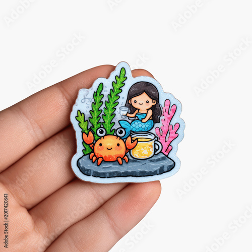 Cartoon blue person holding jar among aquatic plants and crab