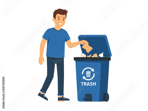 Man throwing trash into recycling bin flat vector illustration