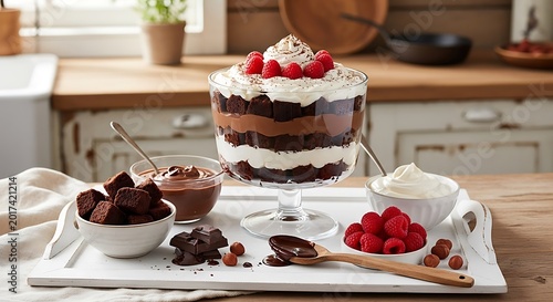 Delicious layered dessert with berries and cream on a wooden tray closeup