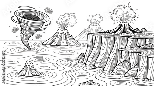 Tornado over water and volcanic eruption.