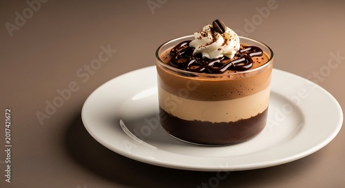 Delicious layered dessert with whipped cream on a white plate studio shot