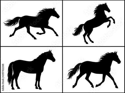 Four black horse silhouettes in various dynamic and static poses, including galloping, rearing, standing, and trotting, against a white background.