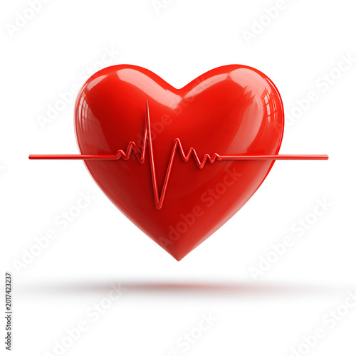 Red Heart with Heartbeat Line Isolated on White Background