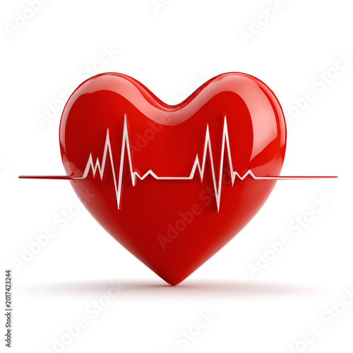 Red Heart with Heartbeat Line Isolated on White Background